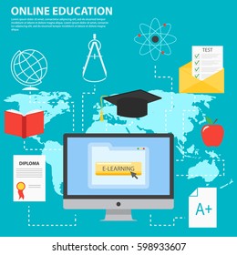 Online education flat set with distance tutorials and training elements isolated. Online education e-learning science concept with book computer and studying icons vector illustration