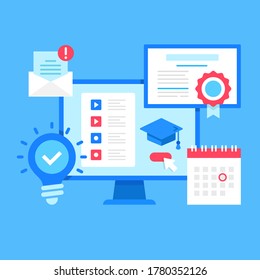 Educación en línea. Diseño de estilo plano. Ilustración vectorial. Aprendizaje en línea, e-learning, plataforma educativa, aprendizaje digital, cursos en línea, tutoriales, conceptos de aprendizaje en línea. Elementos gráficos modernos