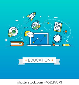 Online education flat style icons webinar online education. School, university.