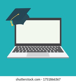 online education flat vector graduation cap in laptope icon 