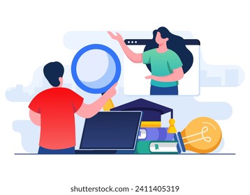 Online education flat vector illustration, Remote education, e-learning, online course, online webinar, video tutorial, Distant learning