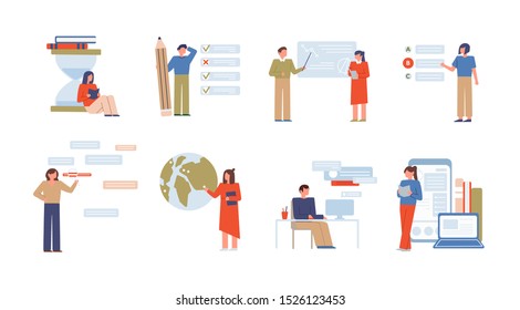 Online education flat vector illustrations set. E learning, university distance classes. Exam preparation tests isolated on white. Teachers and students cartoon characters. Digital lessons.