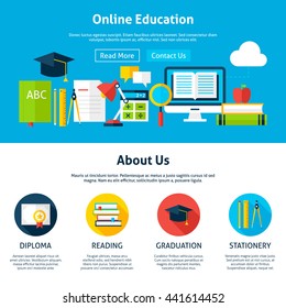 Online Education Flat Web Design Template. Vector Illustration for Website banner and landing page. Header with Web Tutorials Icons Modern Design.