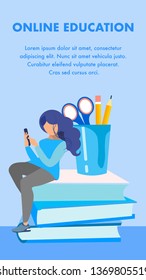 Online Education Flyer, Brochure Vector Template. Woman Holding Smartphone Cartoon Character. Internet School, Online University Student. Knowledge Gaining, E learning Illustration with Copyspace