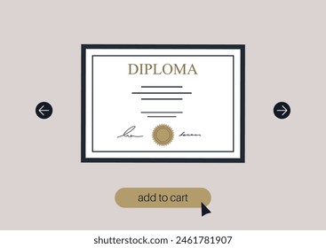 Online education, A framed diploma showcased in the internet store with an invitation to purchase