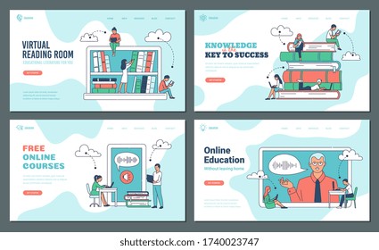 Online education and free internet educational courses web pages banners set with people studying and gain knowledges via computer, cartoon vector illustration.