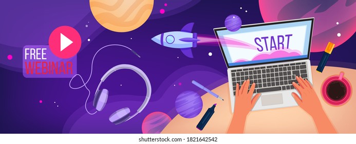 Online education or free webinar space background with laptop,typing hands, rocket, planets. Virtual training or internet courses banner with home office workplace.Online education vector illustration