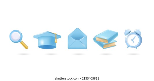 Online education, freelance, school vector set of badges with graduate caps, magnifying glass, books, alarm clock. Distance e-learning, 3D collection of workplace icons for digital learning.
