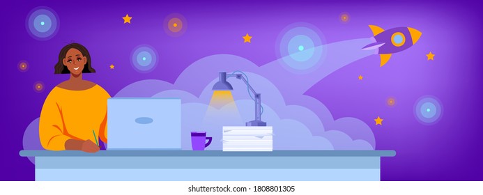 Online education and freelance vector illustration with young black woman working at home in internet. Virtual courses banner with successful student, launching rocket. Online education flat concept  