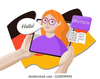 Online Education, German Language online course. Young people are studying. Educational webinar, internet classes, digital classroom, online teaching. German Flag. Flat vector illustration.