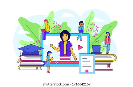 Online education, get diploma line vector illustration. Online training courses for man and woman, training skills. Study from computer, knowledge technology. People near large tablet with teacher.