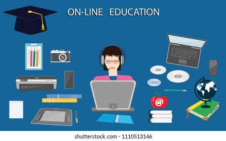 Online education - girl in headphones at the computer - academic hat, tablet, printer, laptop - art vector