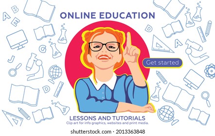 Online education. Girl honors pupil, poster with learning symbols. Clip art for infographics, websites and print media. Online courses lessons and tutorials. 