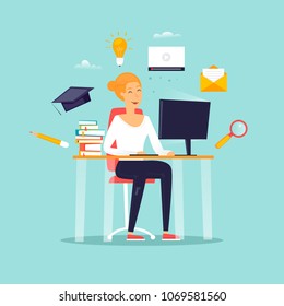 Online education, a girl is sitting at a computer, a student, courses. Flat design vector illustration.