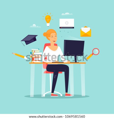Online education, a girl is sitting at a computer, a student, courses. Flat design vector illustration.
