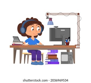 Online education. Girl study with computer, distance learning. Home school or self studying. Child surfing internet, programming or play decent vector concept