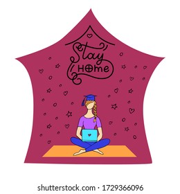 Online education. Girl studying at home on a laptop via the Internet.  Hand drawing with line. Lettering stay home.  Modern technologies. Vector illustration.