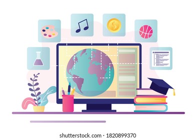Online education in global world, e-learning concept. Monitor with earth planet. Various education icons, books and graduate hat. Modern workplace. Remote school learning. Flat vector illustration