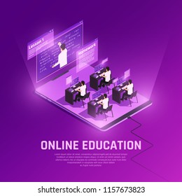 Online education glow isometric composition with view of hi tech anvironment with people computers and teacher vector illustration