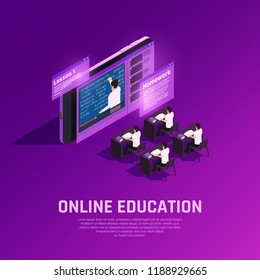 Online Education Glow Isometric Composition With Conceptual Images Of Futuristic Classroom With Students And Teacher On Screen Vector Illustration