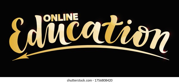 online education gold lettering design; e-learning; handwritten font, study concept with calligraphy