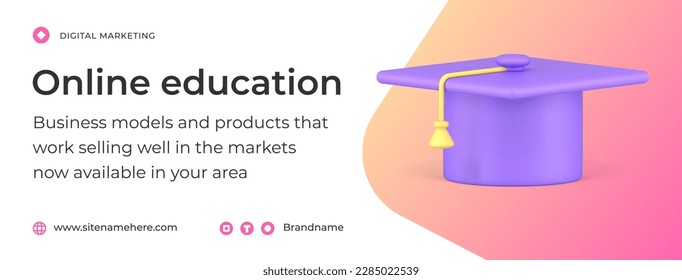 Online education graduation cap e learning courses college university promo social media banner 3d icon vector illustration. Internet studying academic science knowledge training electronic technology
