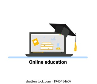Online education and graduation concept. Laptop and academic cap. Vector illustration, eps 10