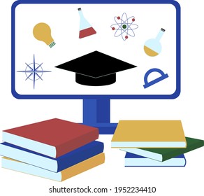 Online education and graduation concept. Online training courses, distance education, internet studying flat vector illustration.