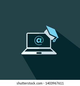 Online education - Graduation hat with laptop icon - Flat vector illustration