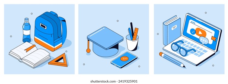 Conjunto de conceptos de educación en línea, graduación y aprendizaje. Escritorio de estudiantes con portátil, libros, gorra académica y otros suministros educativos. Ilustración vectorial isométrica de línea plana 