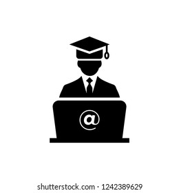 Online education - Graduation men with laptop icon - Black
