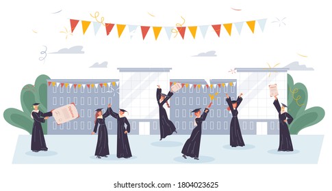 Online education. Graduation party. High school university student character wearing academic black hat gown rejoicing successful study finish getting bachelor degree diploma certificate