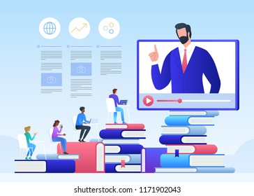 Online education and graduation. Online teacher on computer monitor. Webinar and video seminar learning vector concept. 