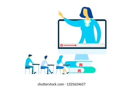 	
Online education and graduation. Online teacher on computer monitor. Webinar and video seminar learning vector concept. 