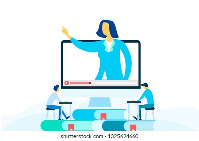 	
Online education and graduation. Online teacher on computer monitor. Webinar and video seminar learning vector concept. 