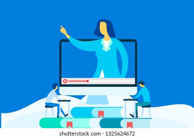 	
Online education and graduation. Online teacher on computer monitor. Webinar and video seminar learning vector concept. 