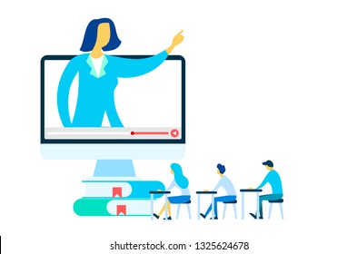 	
Online education and graduation. Online teacher on computer monitor. Webinar and video seminar learning vector concept. 