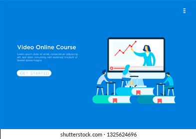 	
Online education and graduation. Online teacher on computer monitor. Webinar and video seminar learning vector concept. 