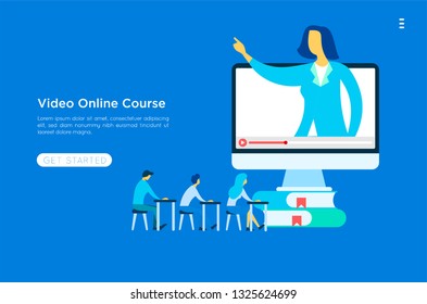 	
Online education and graduation. Online teacher on computer monitor. Webinar and video seminar learning vector concept. 