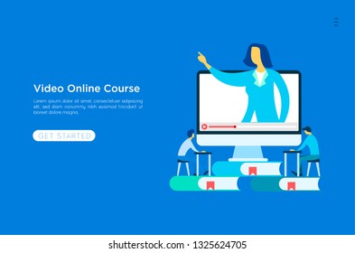	
Online education and graduation. Online teacher on computer monitor. Webinar and video seminar learning vector concept. 