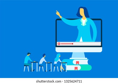 	
Online education and graduation. Online teacher on computer monitor. Webinar and video seminar learning vector concept. 