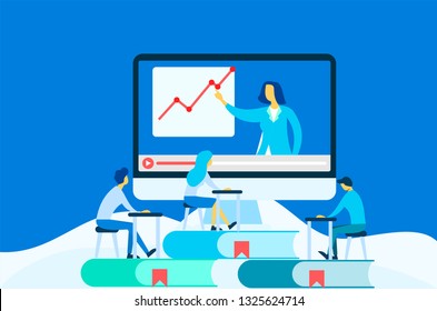 	
Online education and graduation. Online teacher on computer monitor. Webinar and video seminar learning vector concept. 