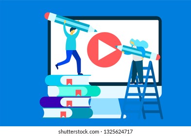 	
Online education and graduation. Online teacher on computer monitor. Webinar and video seminar learning vector concept. 