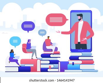 Online education and graduation. Online teacher on computer monitor or smartphone screen. Webinar and video seminar learning vector concept. 