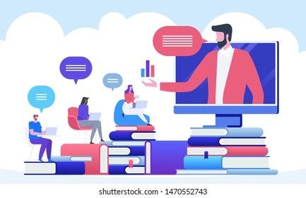 Online education and graduation. Online teacher on computer monitor or smartphone screen. Webinar and video seminar learning vector concept. 