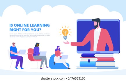 Online Education And Graduation. Online Teacher On Computer Monitor Or Smartphone Screen. Webinar And Video Seminar Learning Vector Concept. 