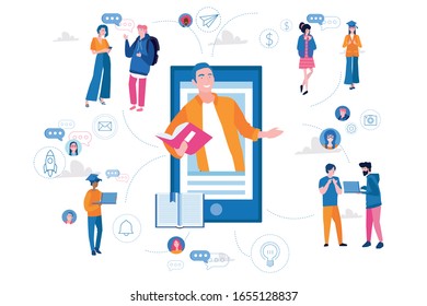Online education and graduation. Online teacher on smartphone screen.  Vector illustration for web banner, infographics, mobile. Webinar and video seminar learning with students  with gadgets. 
