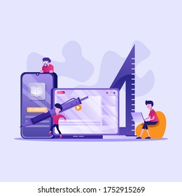 Online education and graduation. Online teacher on computer monitor. Webinar and video seminar learning vector concept