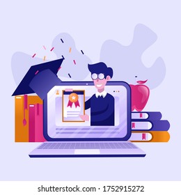 Online education and graduation. Online teacher on computer monitor. Webinar and video seminar learning vector concept