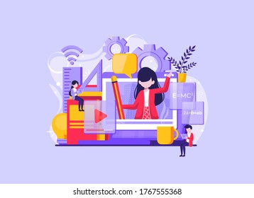 Online education and graduation. Online teacher on computer monitor. Webinar and video seminar learning. Vector illustration